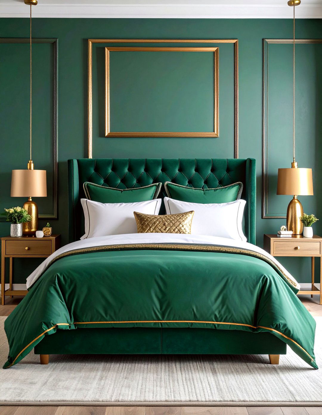 Minimalist Platform Bed on Brushed Gold Legs - 25 emerald green and gold bedroom ideas