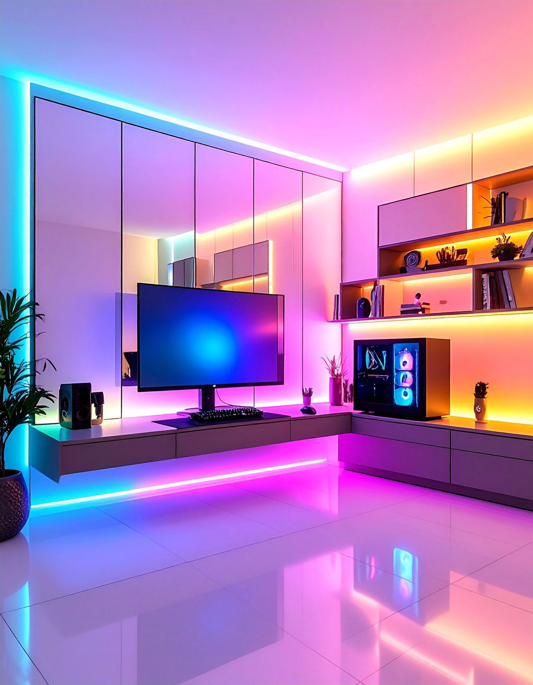 Mirror Panels Enhance Depth and RGB Reflection in Gamer Girl Room - 25 gamer girl room ideas