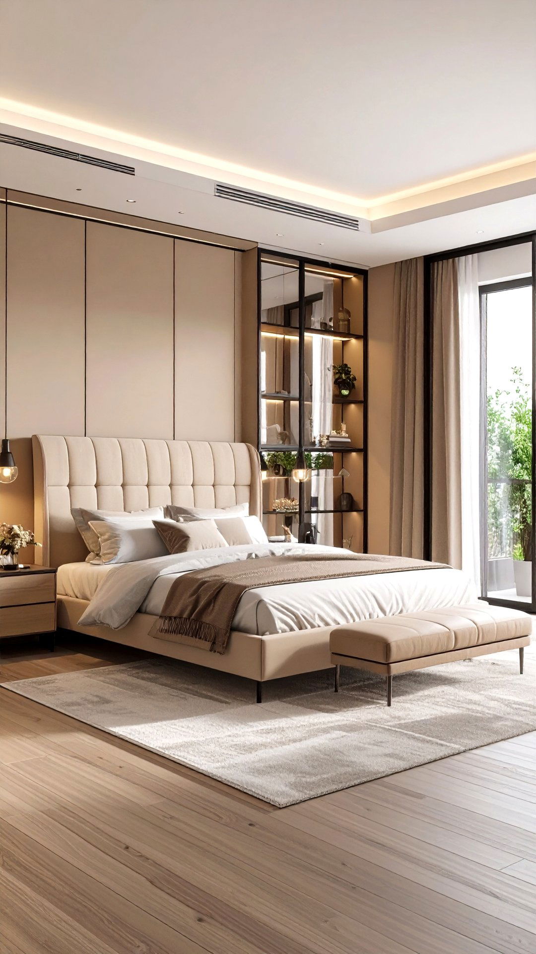 Mirrored Storage Expands a Compact Black and Beige Bedroom - 25 black and beige bedroom design ideas