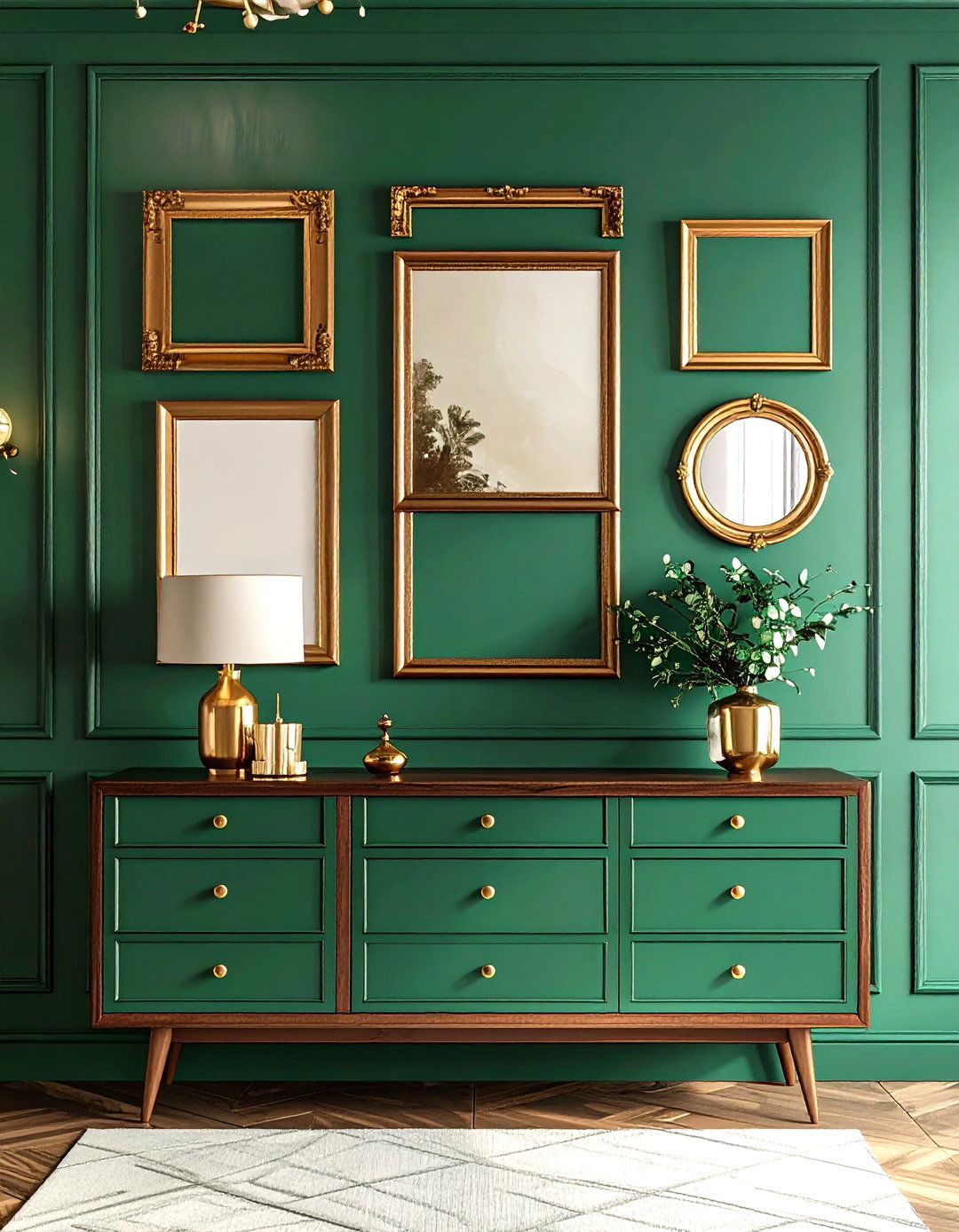 Mix Metal Gallery Wall on Emerald Accent Paint - 25 emerald green and gold bedroom ideas