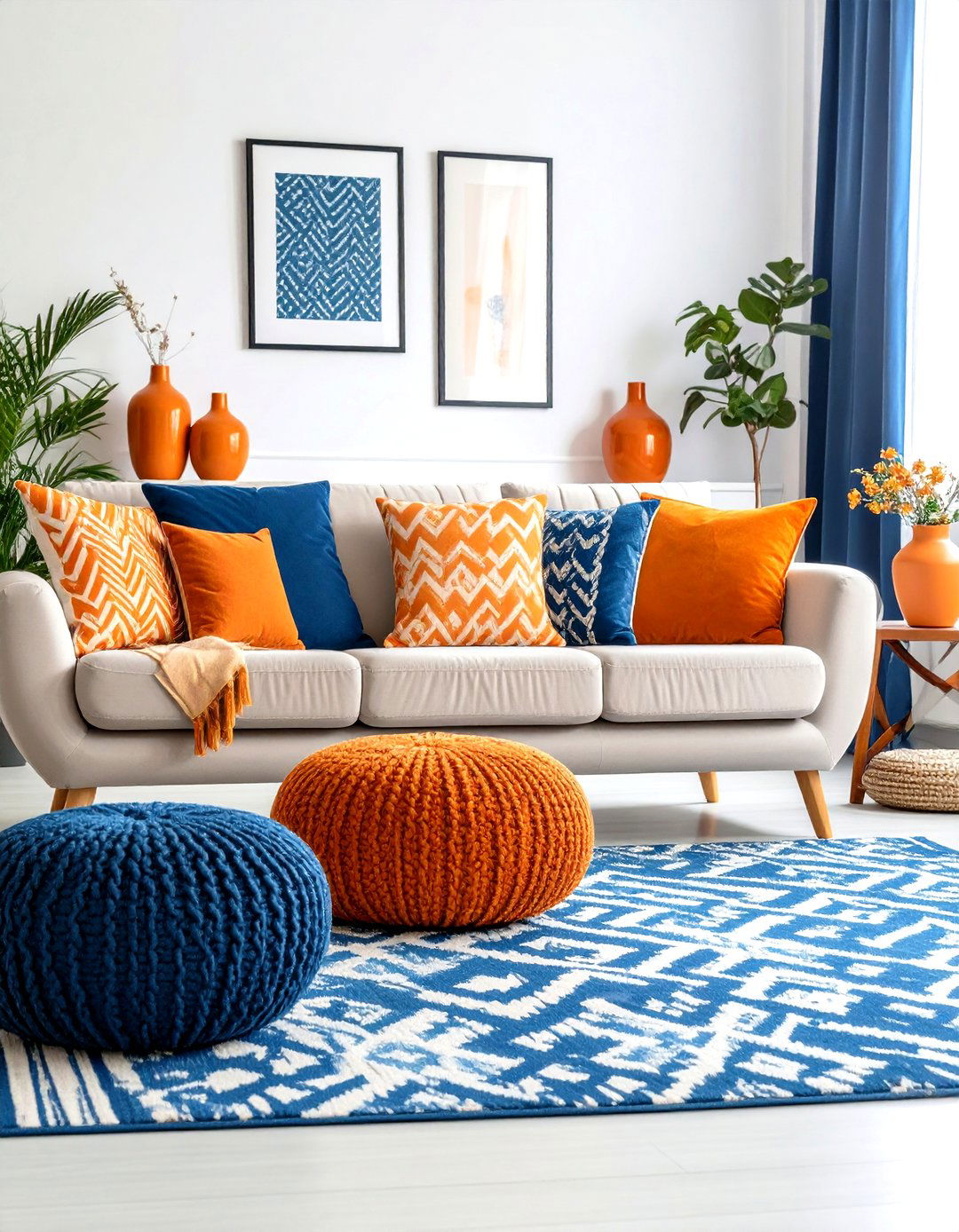 Mix Scales of Pattern Fearlessly - 25 orange and blue living room ideas