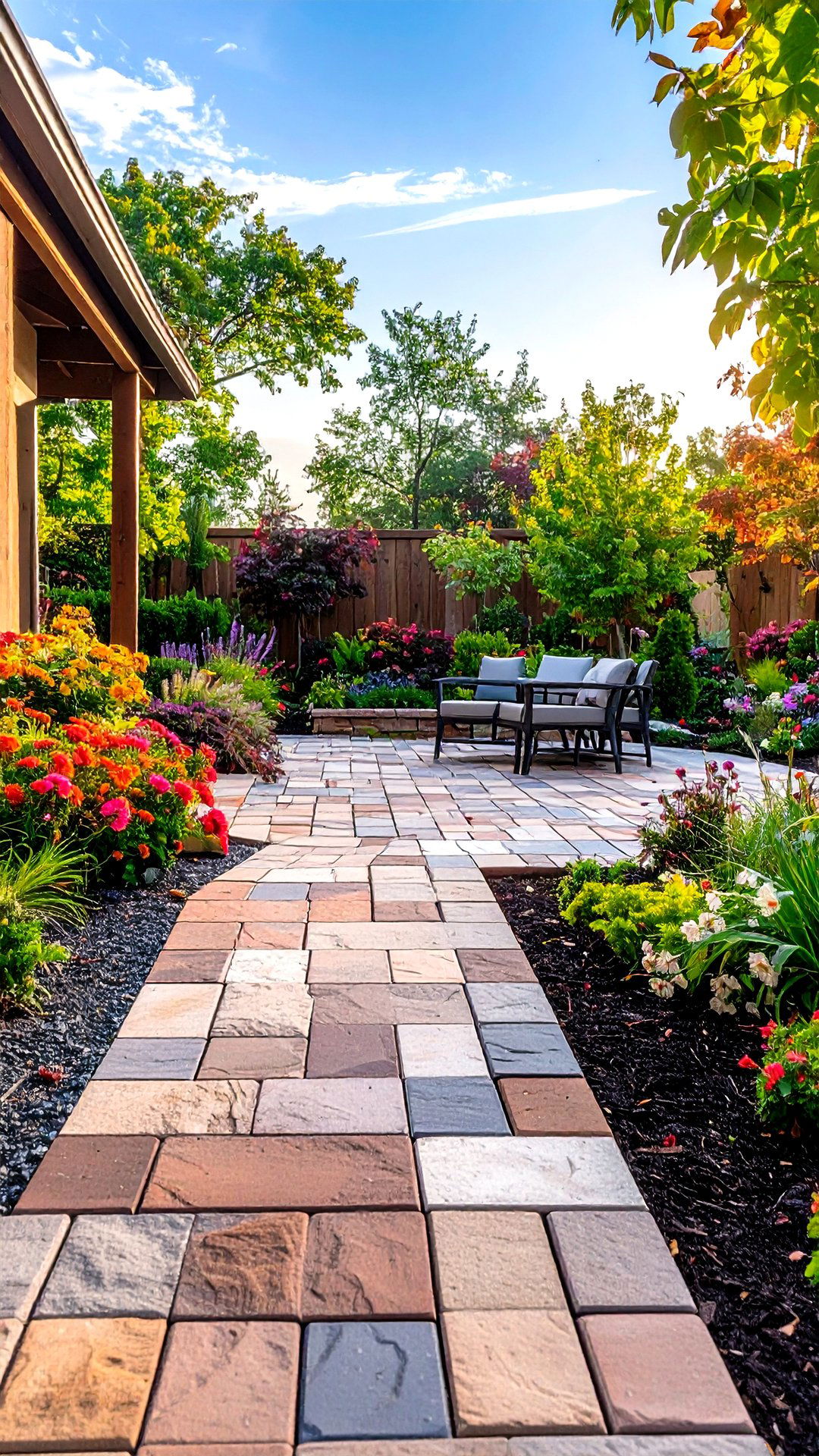 Mixed Brick and Stone Mosaic Patio - 25 brick landscaping ideas