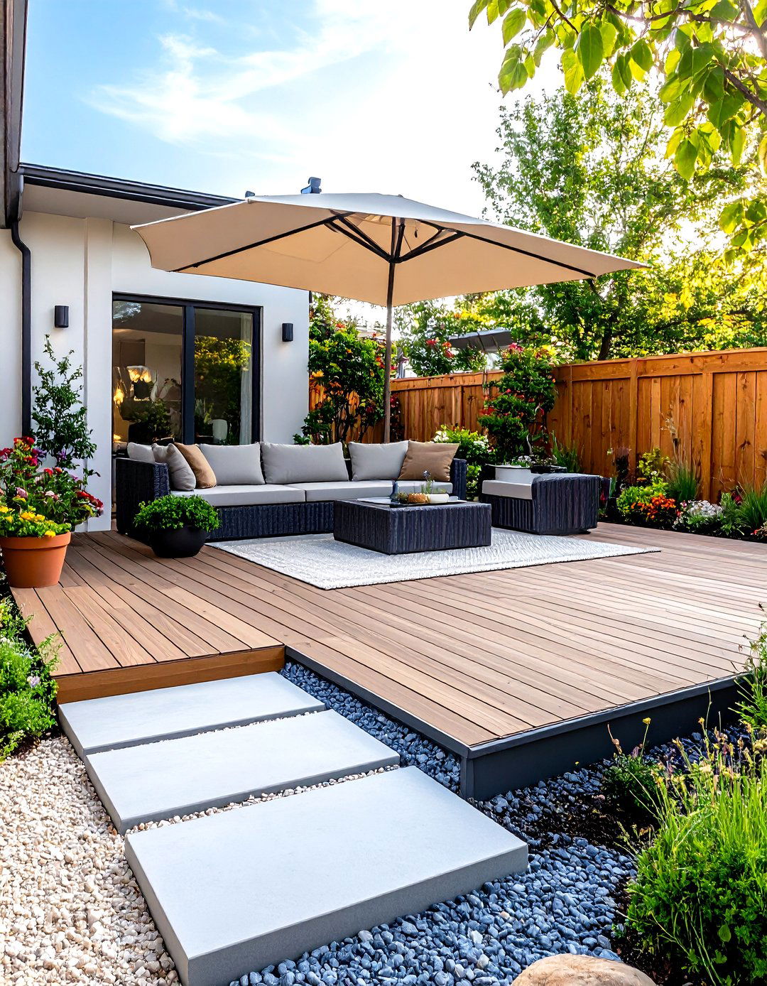 Mixed Material Decks Combining Gravel and Pavers - 25 deck flooring ideas