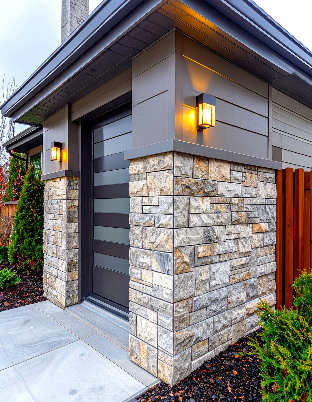 Mixed Material Exterior Wainscoting with Stone and Metal Accent - 25 exterior wainscoting ideas
