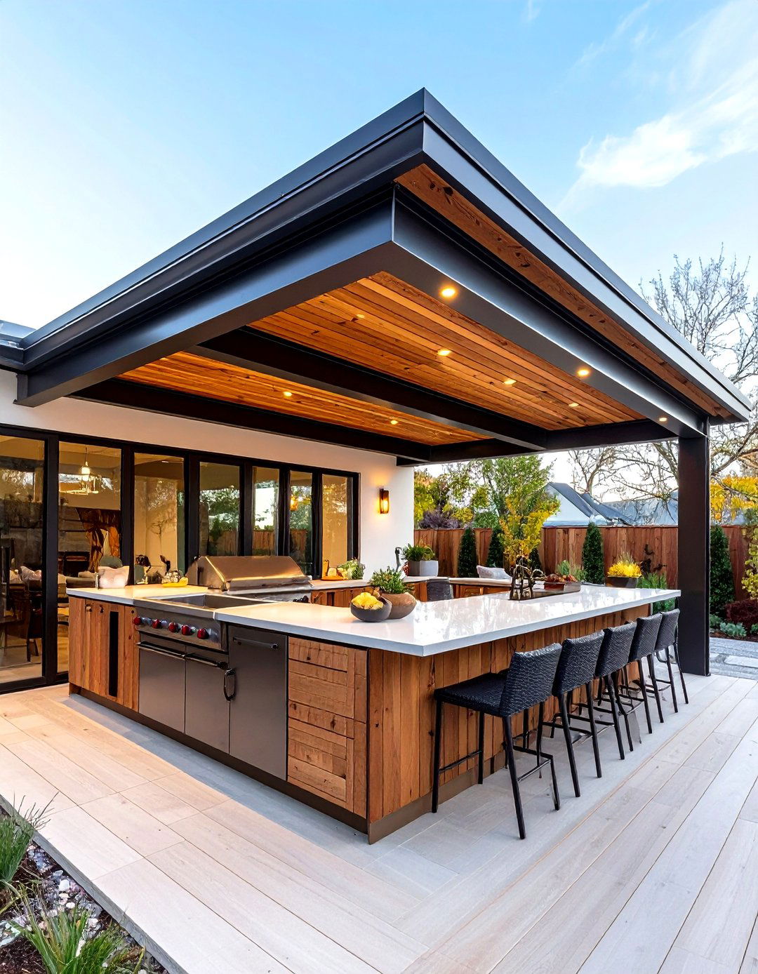 Mixed Material Roof Marries Wood Warmth and Industrial Cool - 25 outdoor kitchen roof ideas