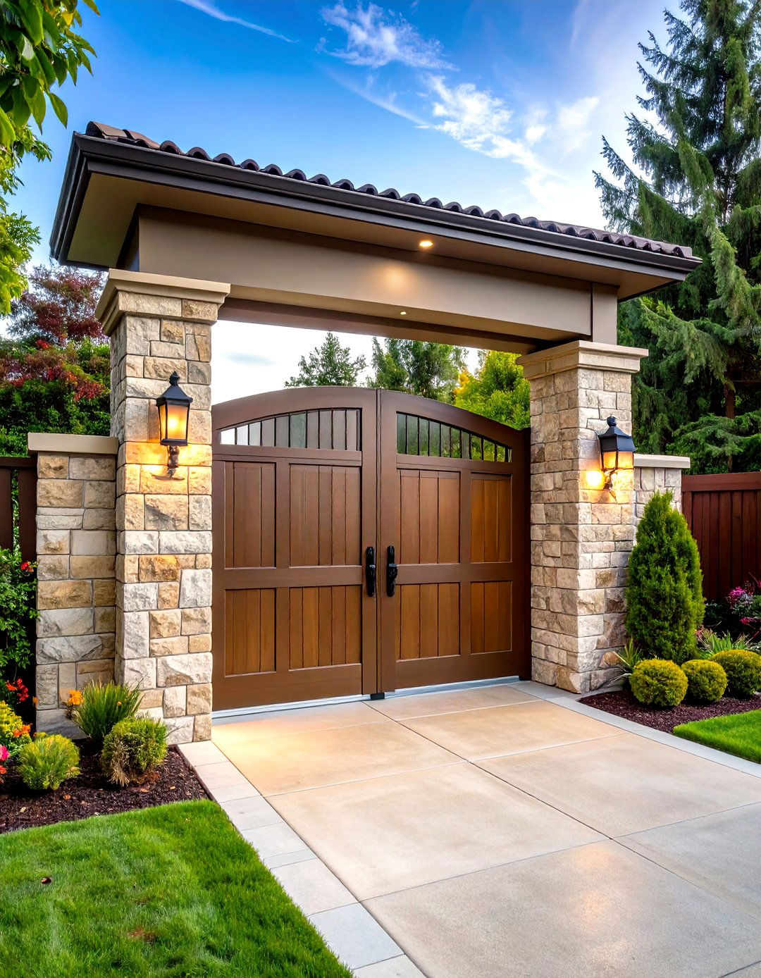Mixed Material Stone Column and Metal Driveway Gate - 25 driveway gate ideas