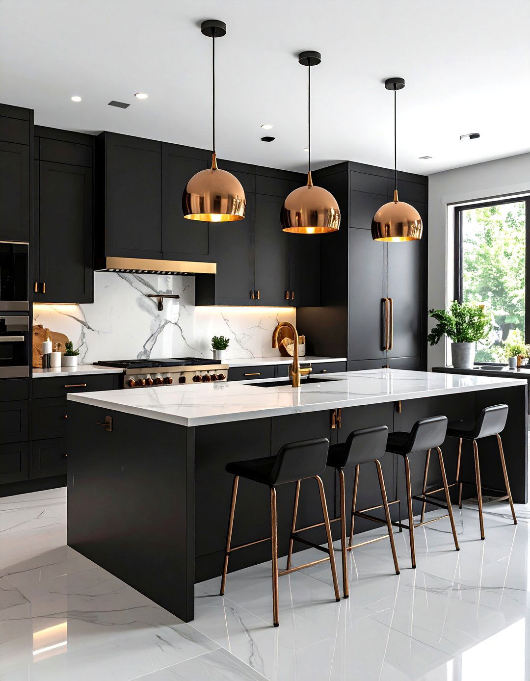 Mixed Metal Accents Warm the Palette - 25 black and white kitchen ideas