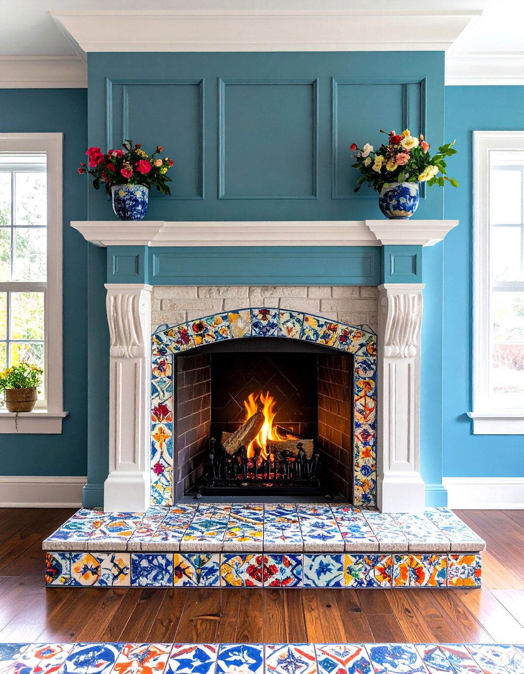Mixing Painted Brick with Tile Inlay Hearth - 25 painted brick fireplace ideas