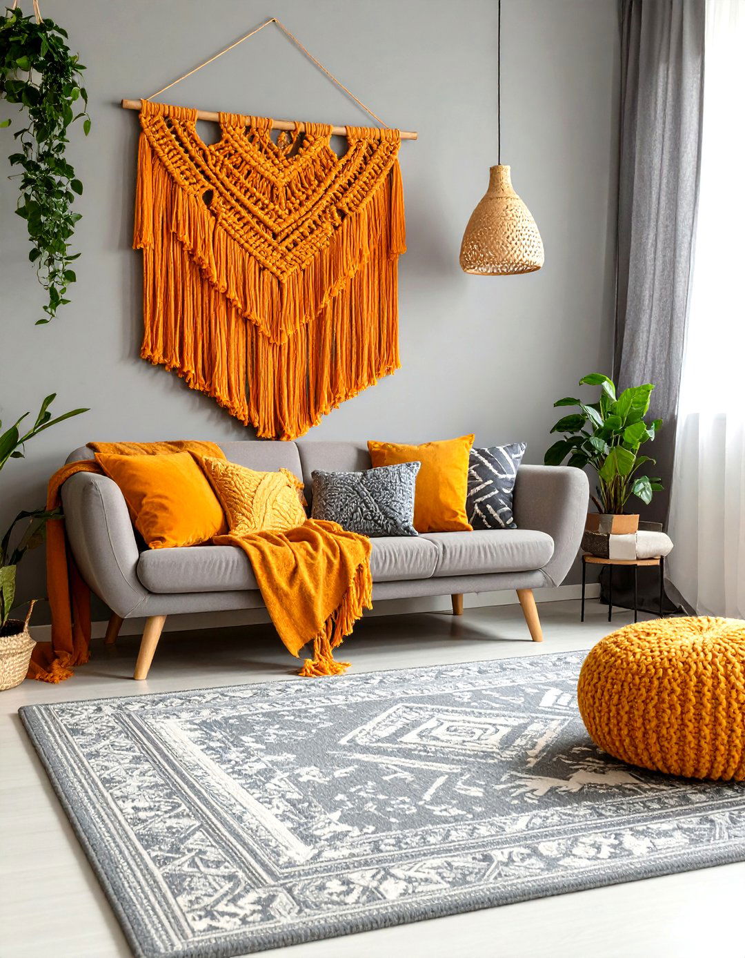 Modern Boho Mix of Orange Macrame and Grey Kilim - 25 orange and grey living room ideas