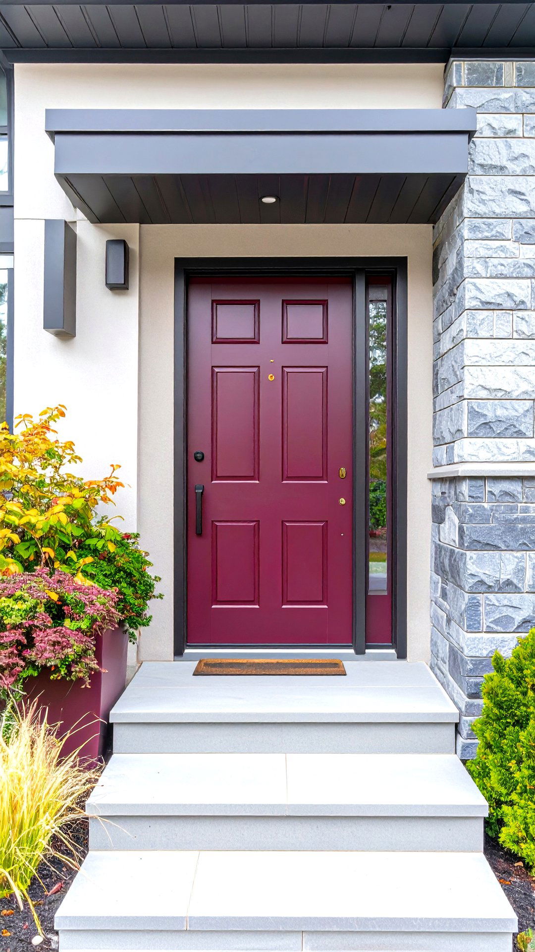 Modern Matte Burgundy Against Charcoal Cladding - 25 burgundy front door ideas