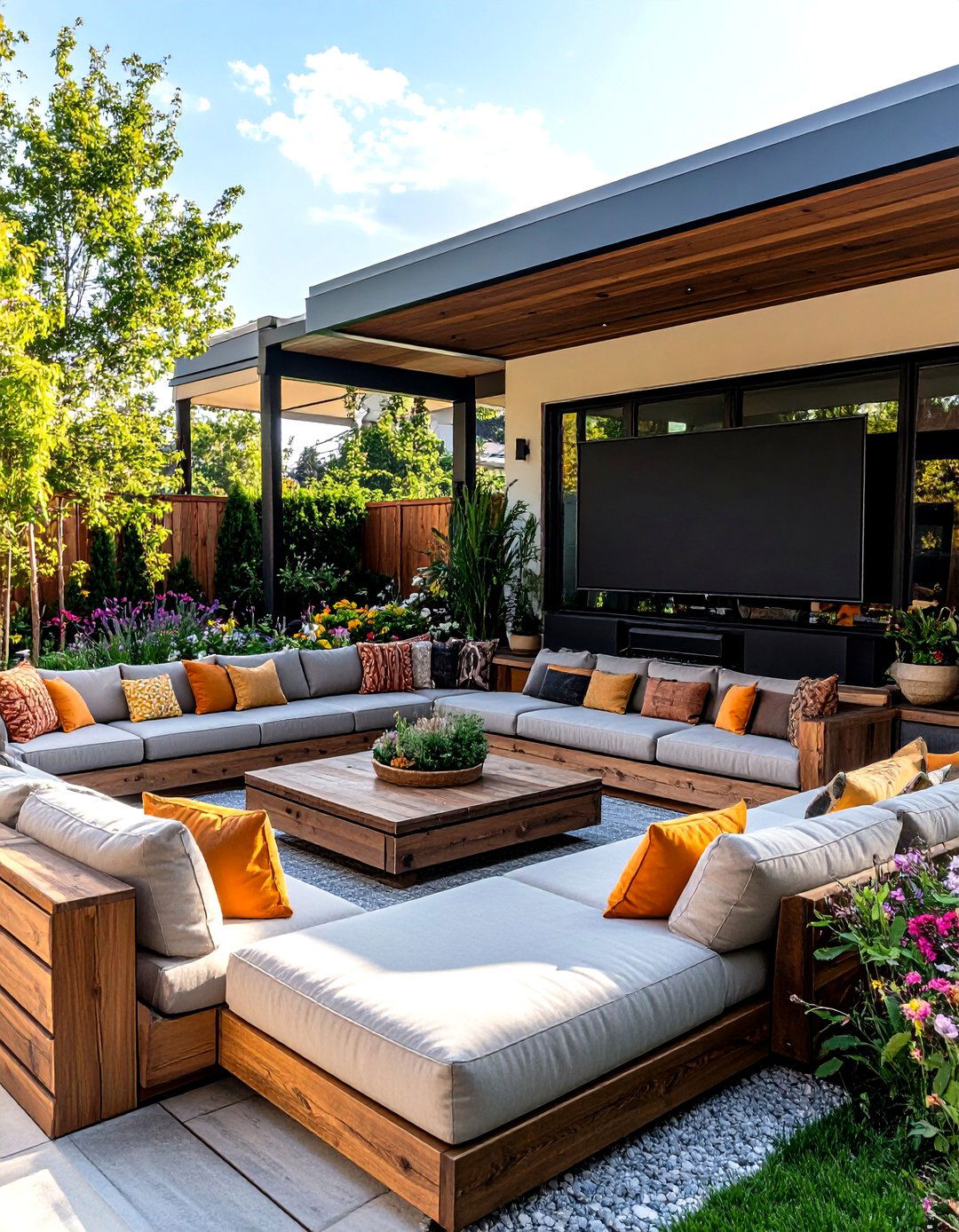 Modular Conversation Pit Surrounding the Screen - 25 outdoor tv ideas