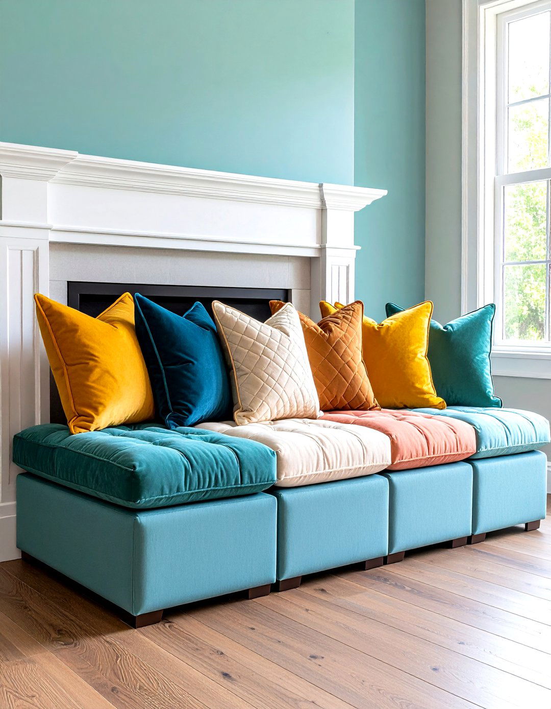 Modular Cushion Blocks Creating Movable Hearth Seating - 25 fireplace bench ideas