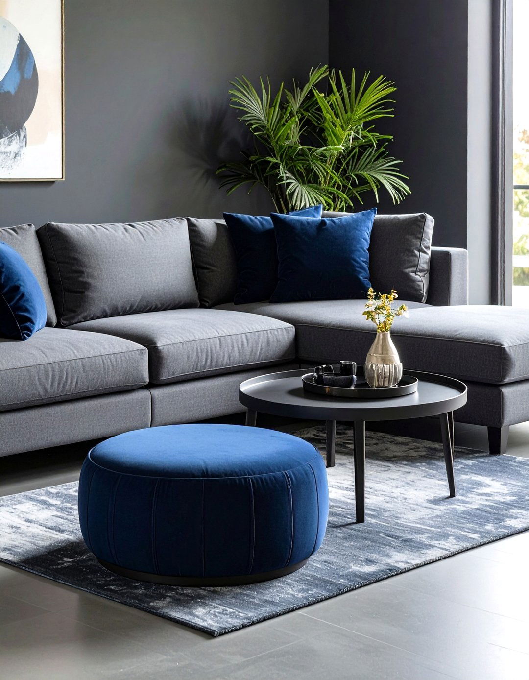 Modular Grey Seating Navy Ottomans for Flexibility - 25 navy blue and grey living room ideas