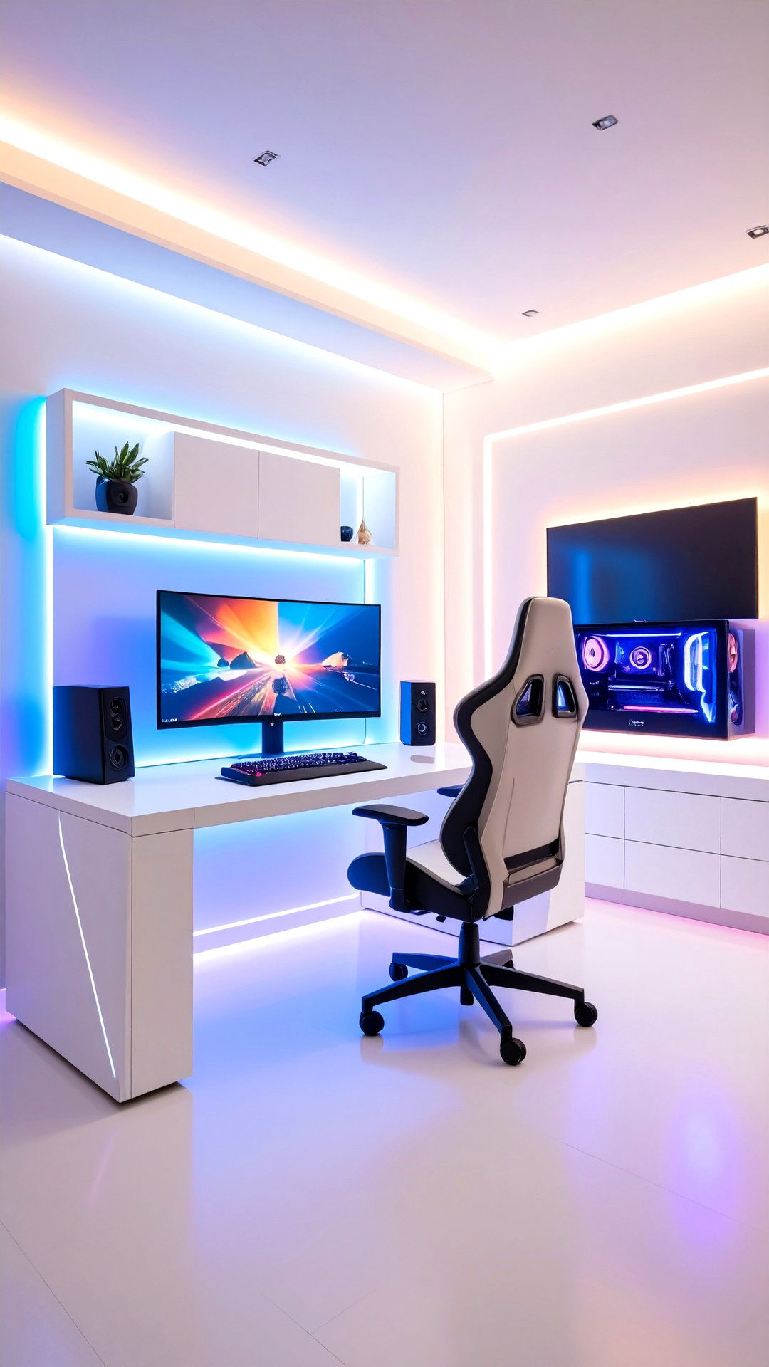 Modular Light Panels Framing a White Gaming Setup - 25 all white gaming setup ideas