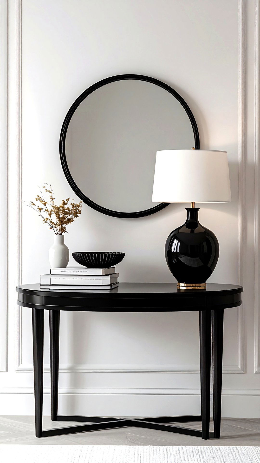 Monochrome Black and White Console Table Statement - 25 console table decor ideas