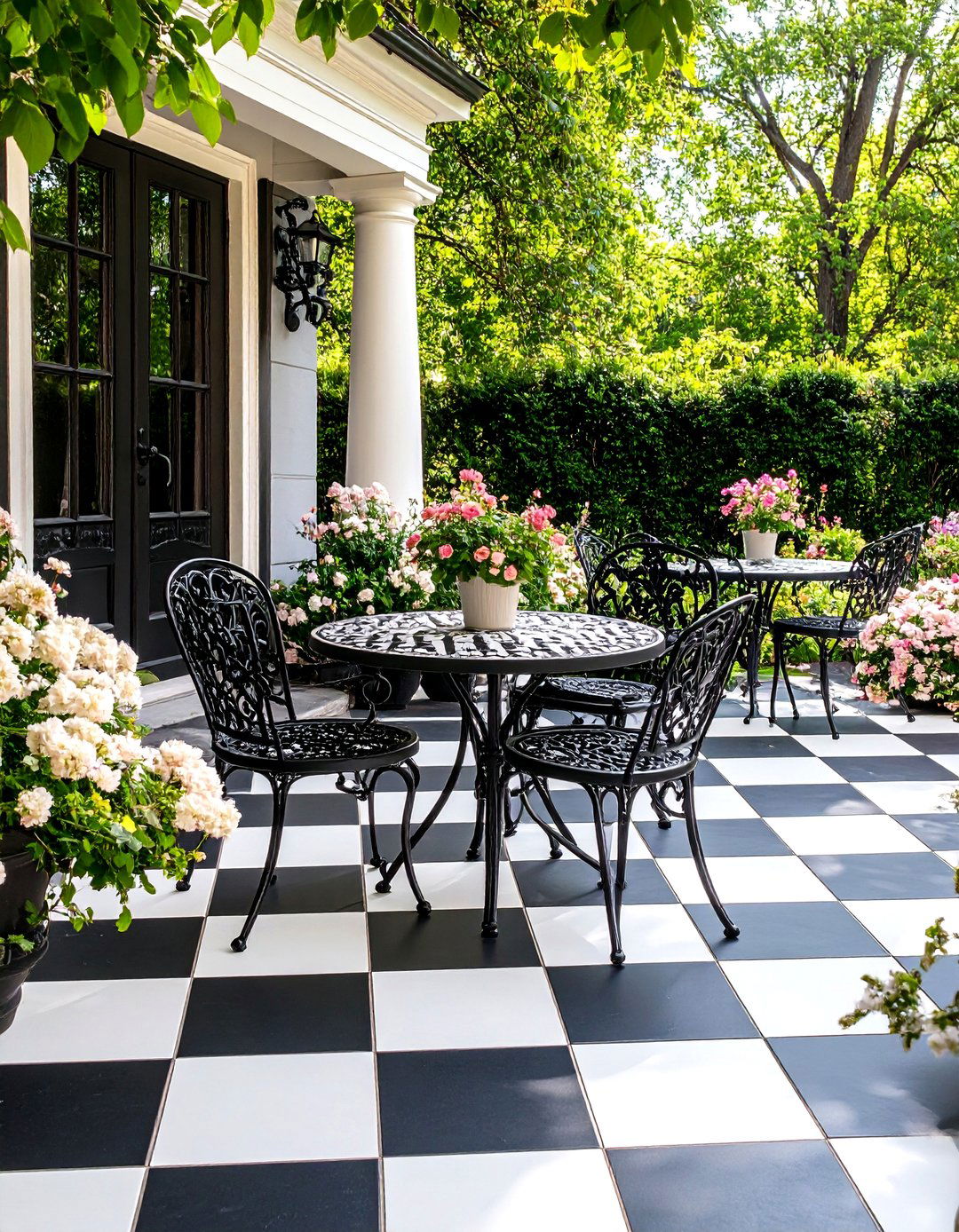 Monochrome Checkerboard Painted Concrete Patio - 25 painted concrete patio ideas