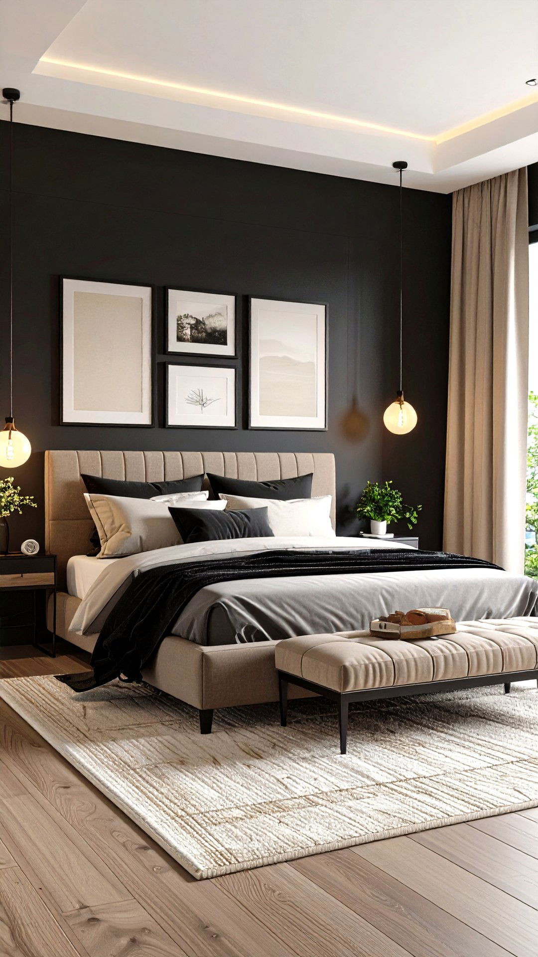 Monochrome Gallery Wall in a Black and Beige Bedroom - 25 black and beige bedroom design ideas