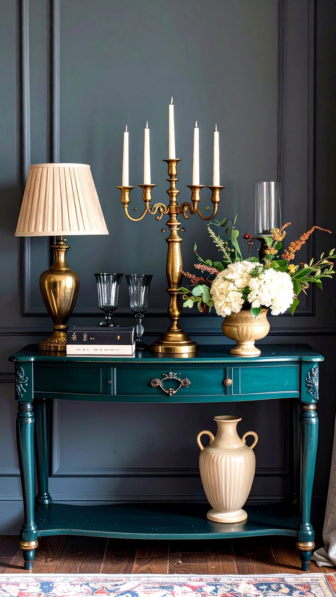 Moody Console Table with Deep Dark Accents - 25 console table decor ideas