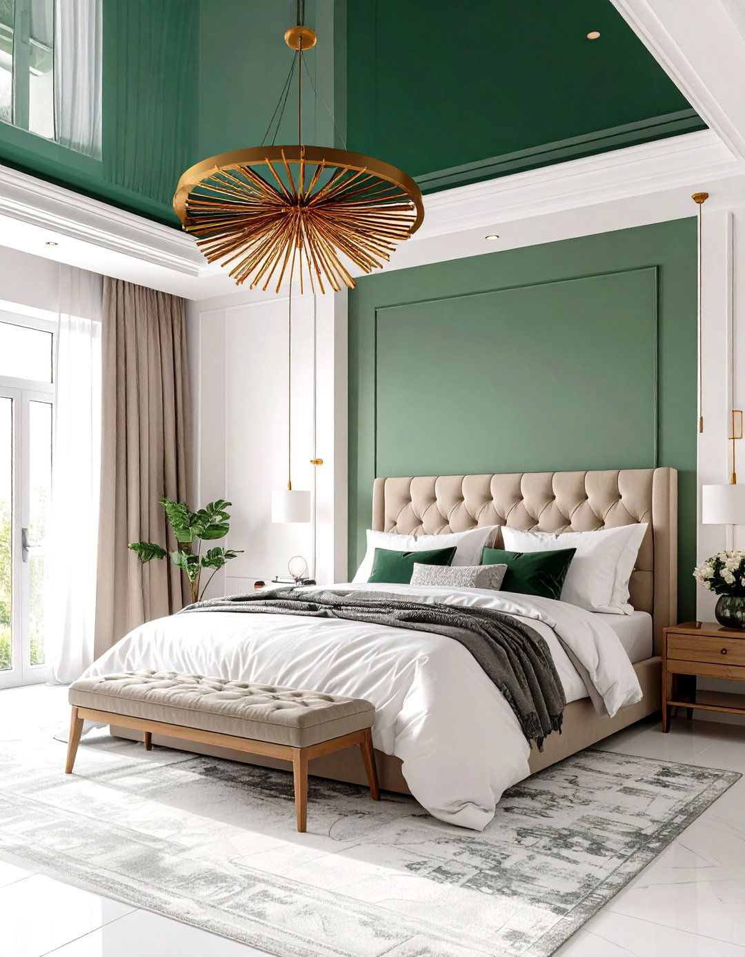Moody Emerald Ceiling and a Starburst Gold Pendant - 25 emerald green and gold bedroom ideas