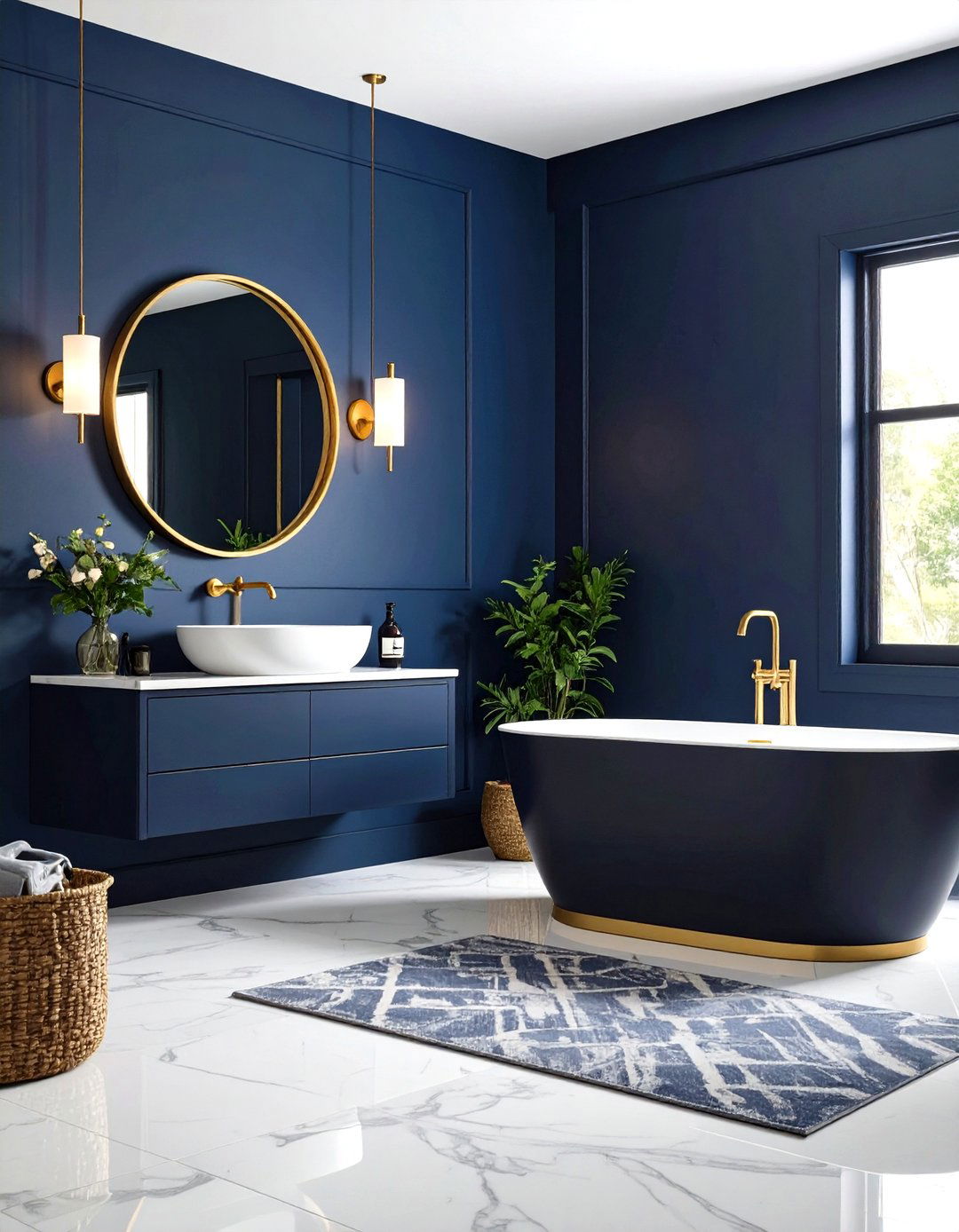 Moody Navy Walls Bathroom with Brushed Gold Fixtures - 25 blue and gold bathroom ideas