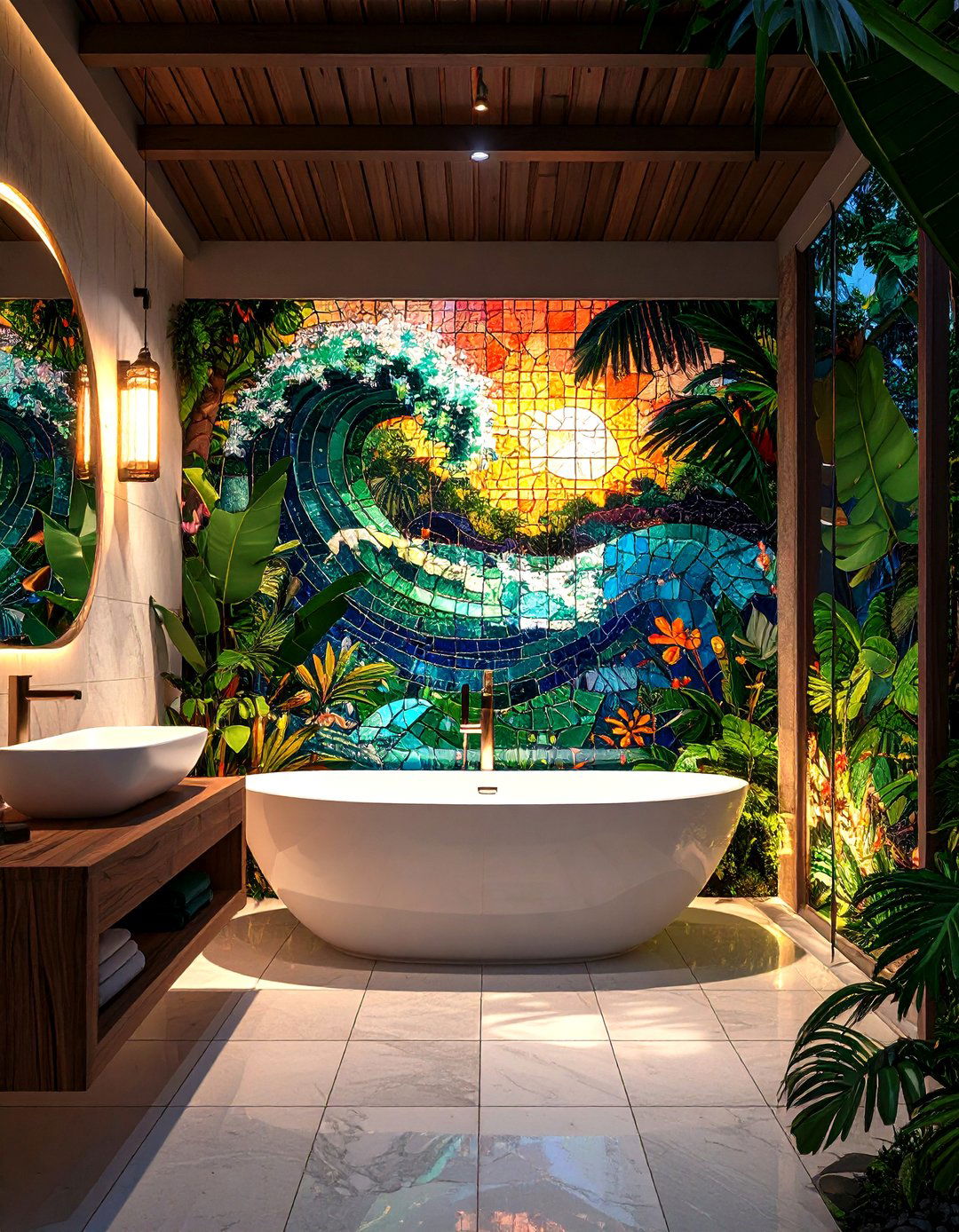 Mosaic Tile Mural Wall - 25 outdoor bathroom ideas