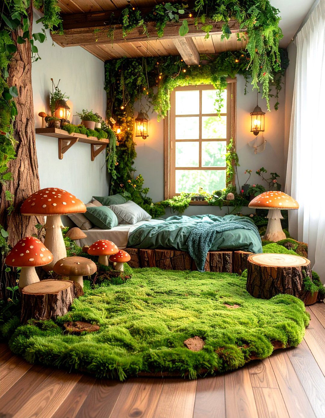 Mossy Reading Nook with Mushroom Stools - 25 fairy-themed bedroom ideas