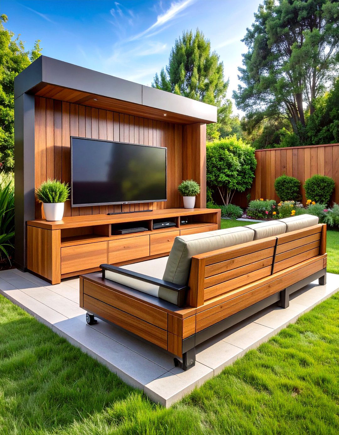 Motorized Lift Bench Hides the Outdoor TV on Demand - 25 outdoor tv ideas