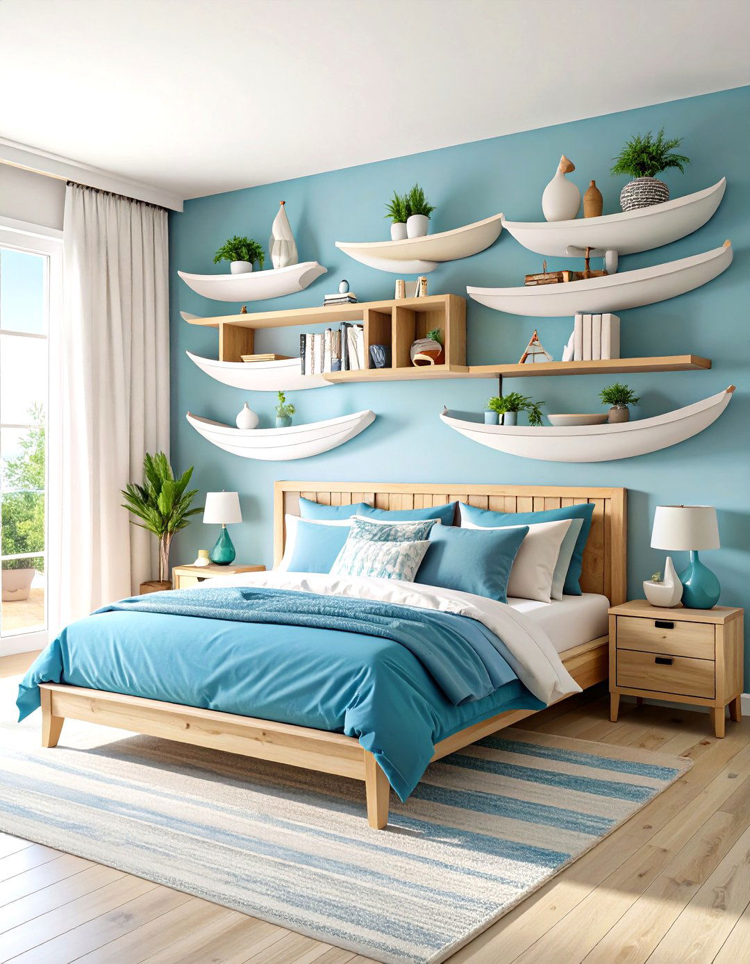 Mount Boat Shaped Floating Shelves - 25 ocean-themed bedroom ideas