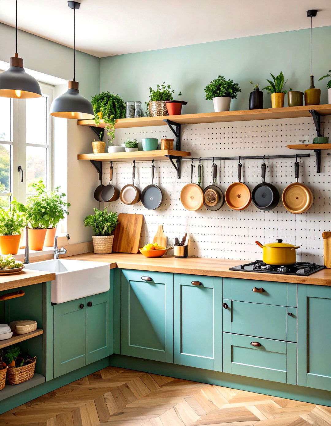 Mount a Pegboard for Pans on the End Wall - 25 parallel modular kitchen design ideas