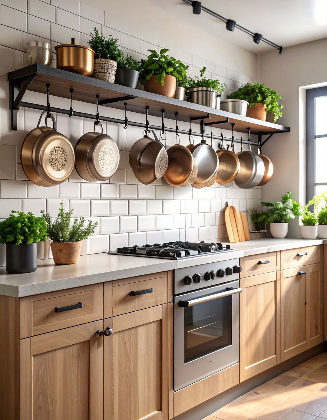 Mount a Pot Rail Instead of a Ceiling Rack - 25 one wall kitchen ideas