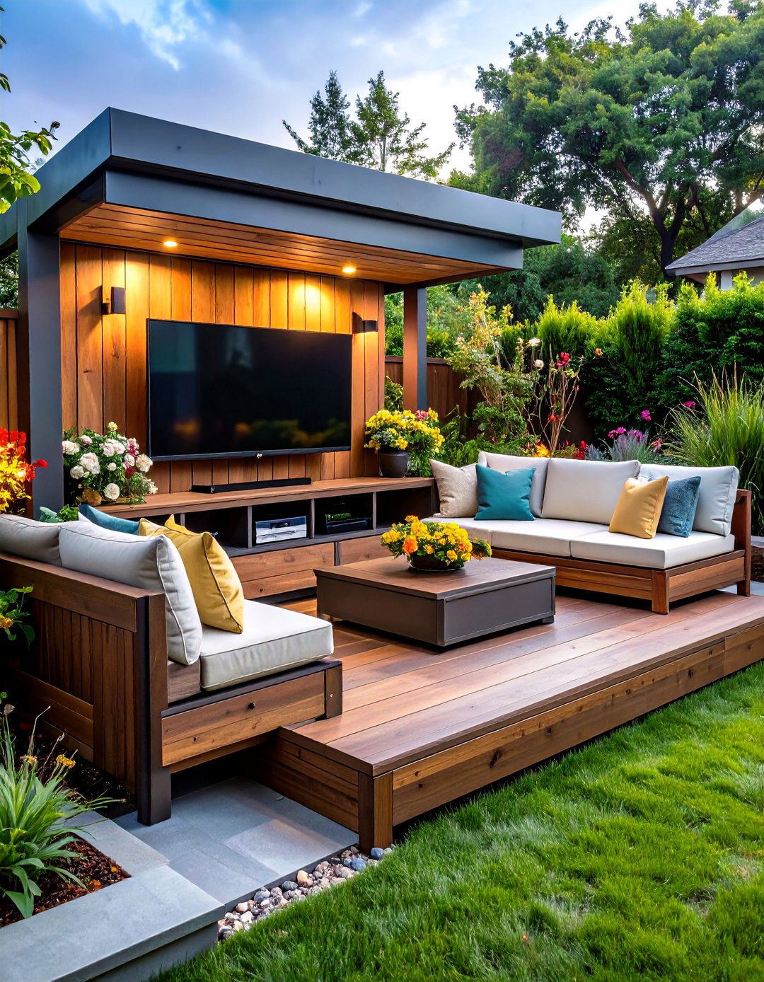 Multifunction Storage Bench with Hidden Outdoor TV - 25 outdoor tv ideas