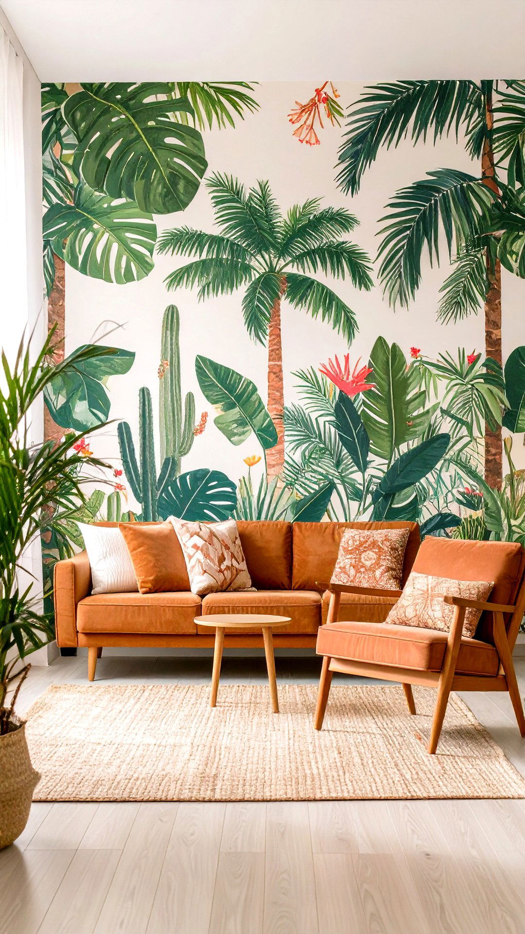 Mural an Oversized Botanical Scene in the Boho Living Room - 25 colorful boho living room ideas