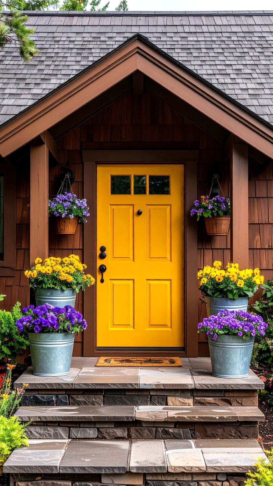 Mustard Yellow Front Door Lifts Mood on Brown House - 25 brown house front door colors