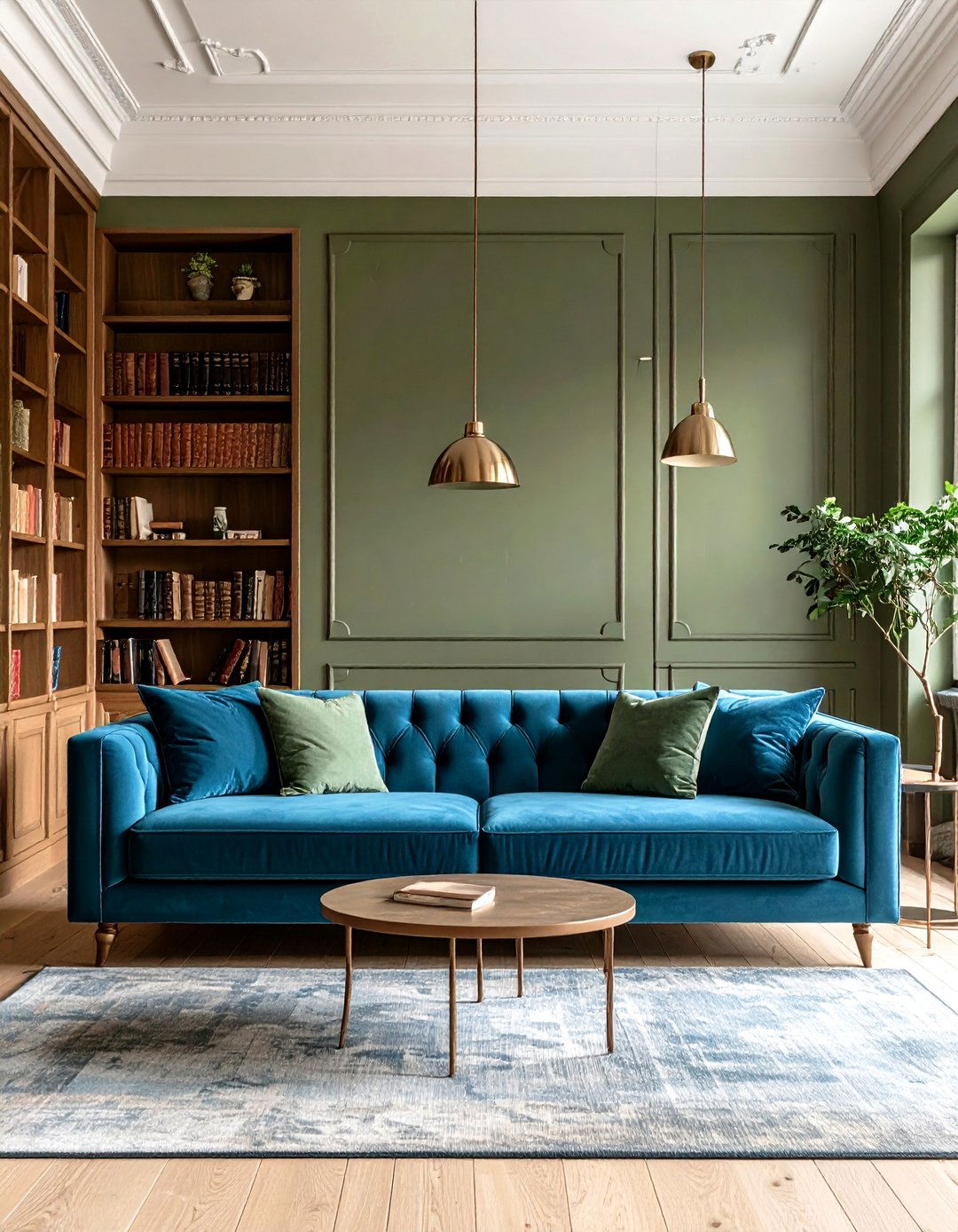 Muted Green Library with Blue Velvet Sofa - 25 dark green home library ideas and inspiration