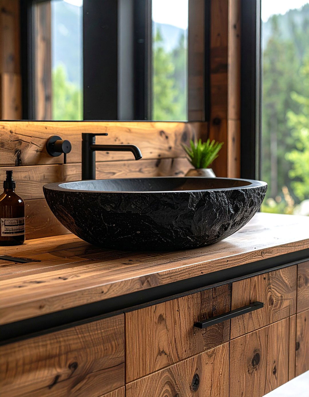 Natural Stone Basins Ground Black and Wood Bathroom Aesthetics - 25 black and wood bathroom ideas