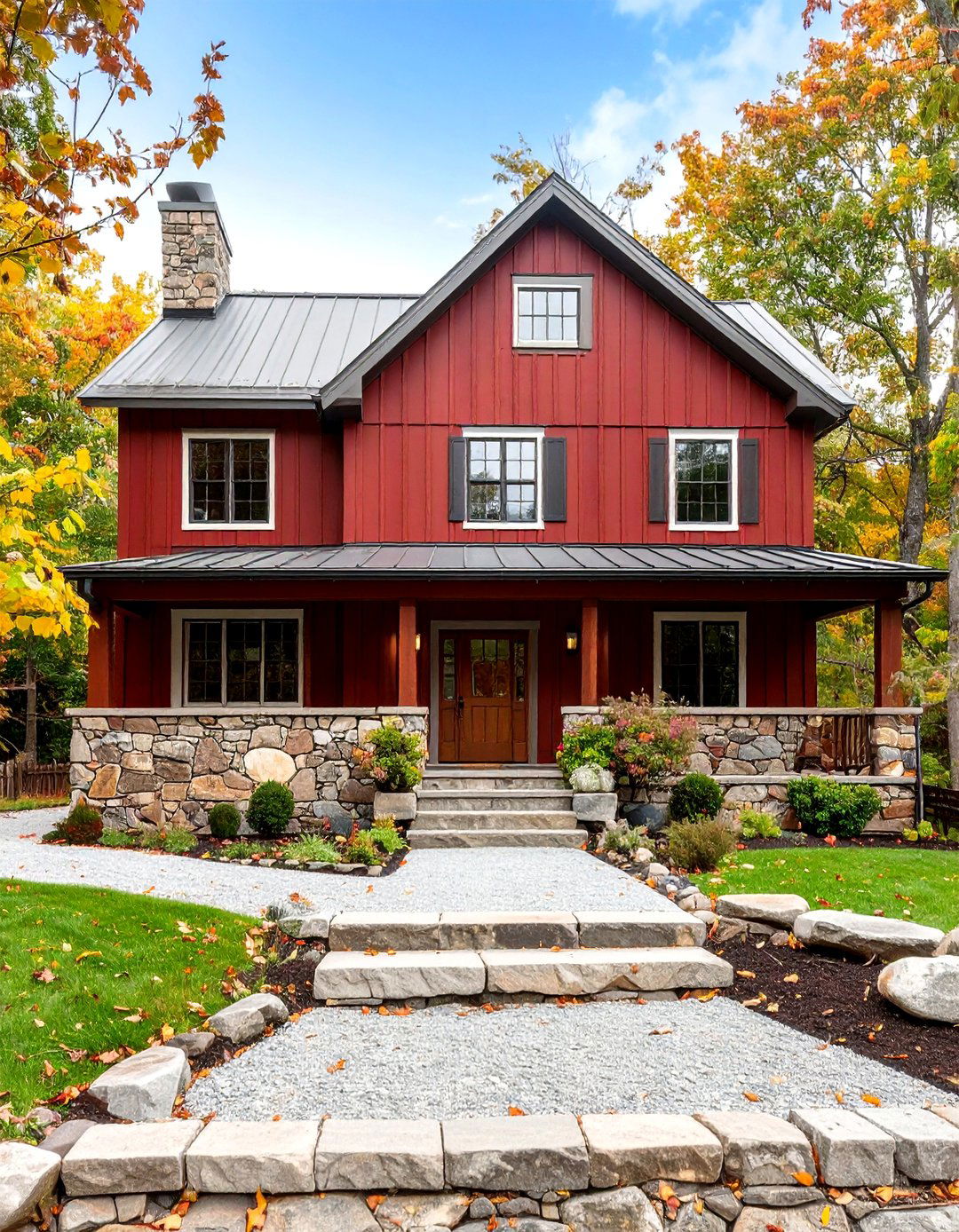 Natural Stone Skirting Grounds the Dark Red Exterior - 25 dark red house exterior ideas