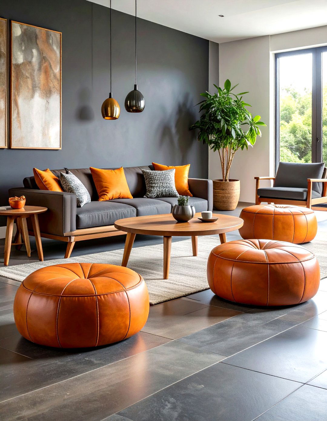 Natural Touch Burnt Orange Leather Poufs on Slate Grey Floors - 25 orange and grey living room ideas