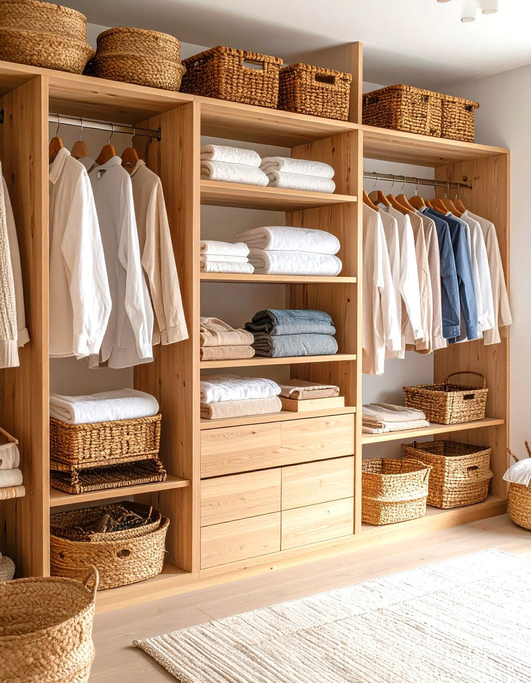 Natural Wood and Baskets Warm an Open Closet - 25 open closet ideas