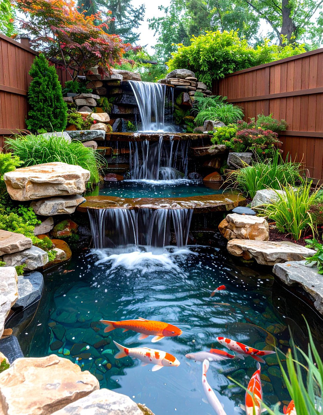 Naturalistic Koi Pond With Cascading Waterfall - 25 koi pond ideas