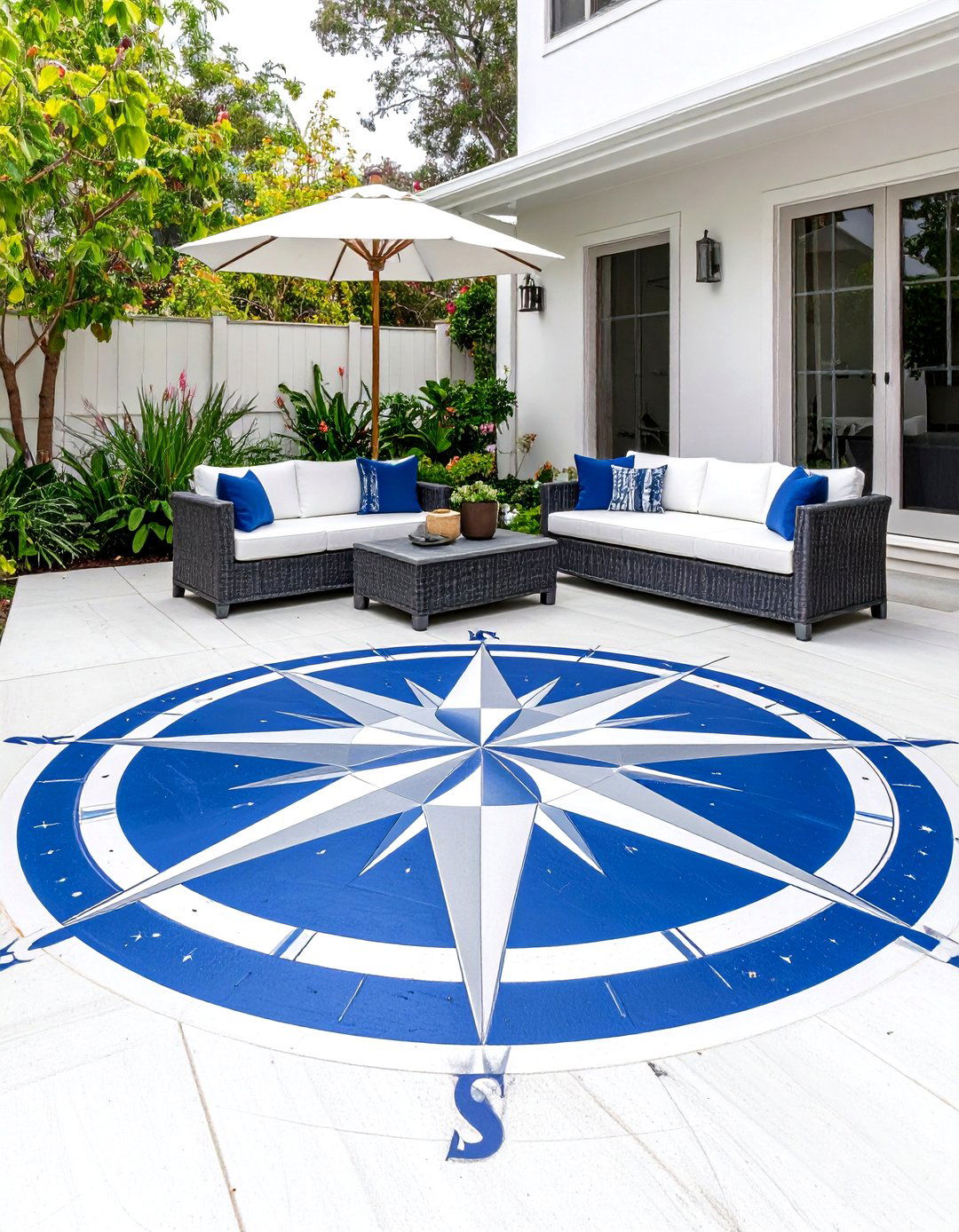 Nautical Compass Rose Painted Concrete Patio - 25 painted concrete patio ideas