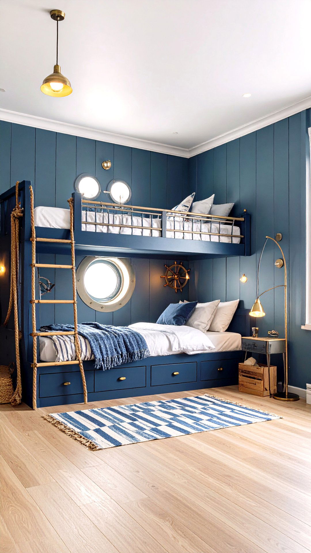 Nautical Ship Cabin Bunk Room with Rope Ladders - 25 bunk room ideas