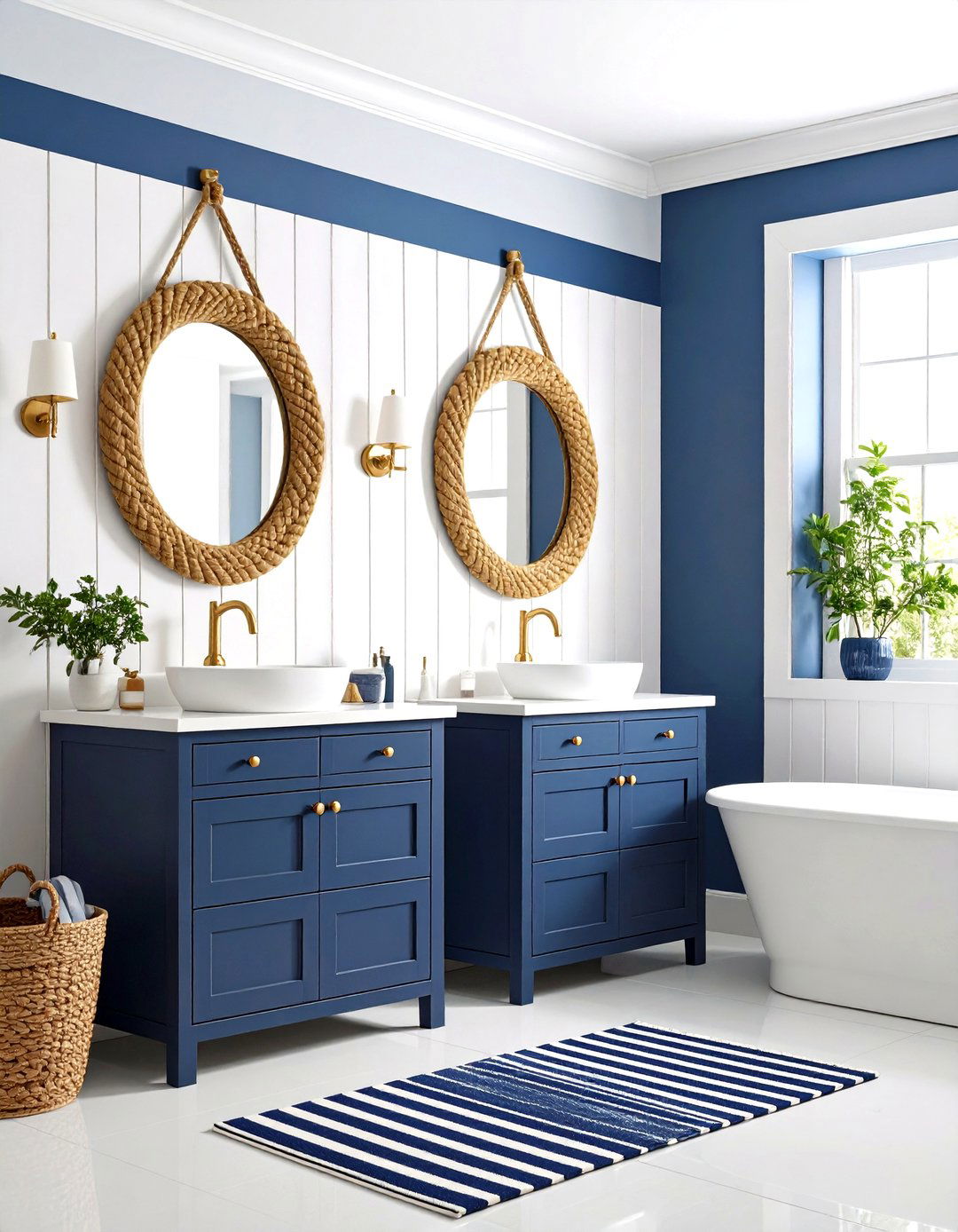 Nautical Striped Blue Walls Bathroom with Gold Rope Mirrors - 25 blue and gold bathroom ideas