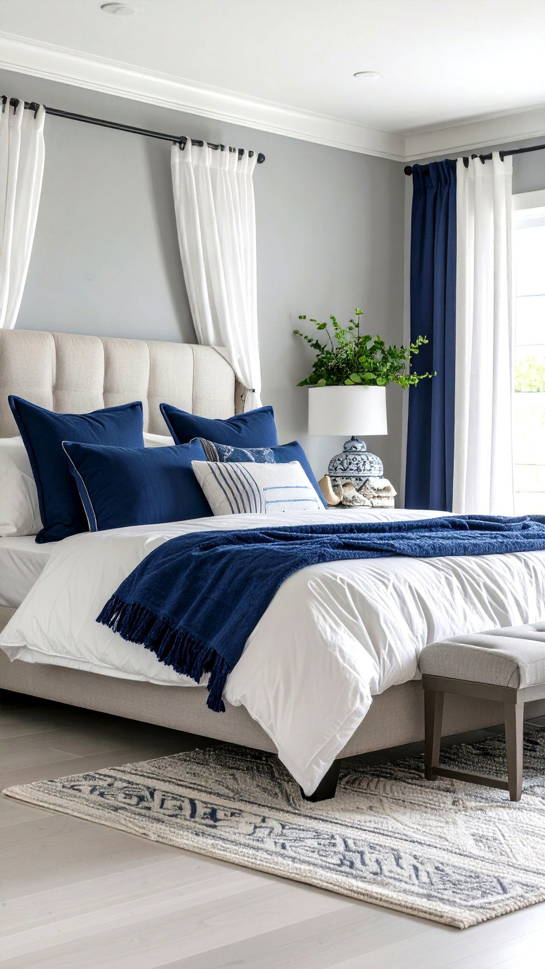 Navy Accents for Nautical Grey and White Bedroom Energy - 25 grey and white bedroom ideas