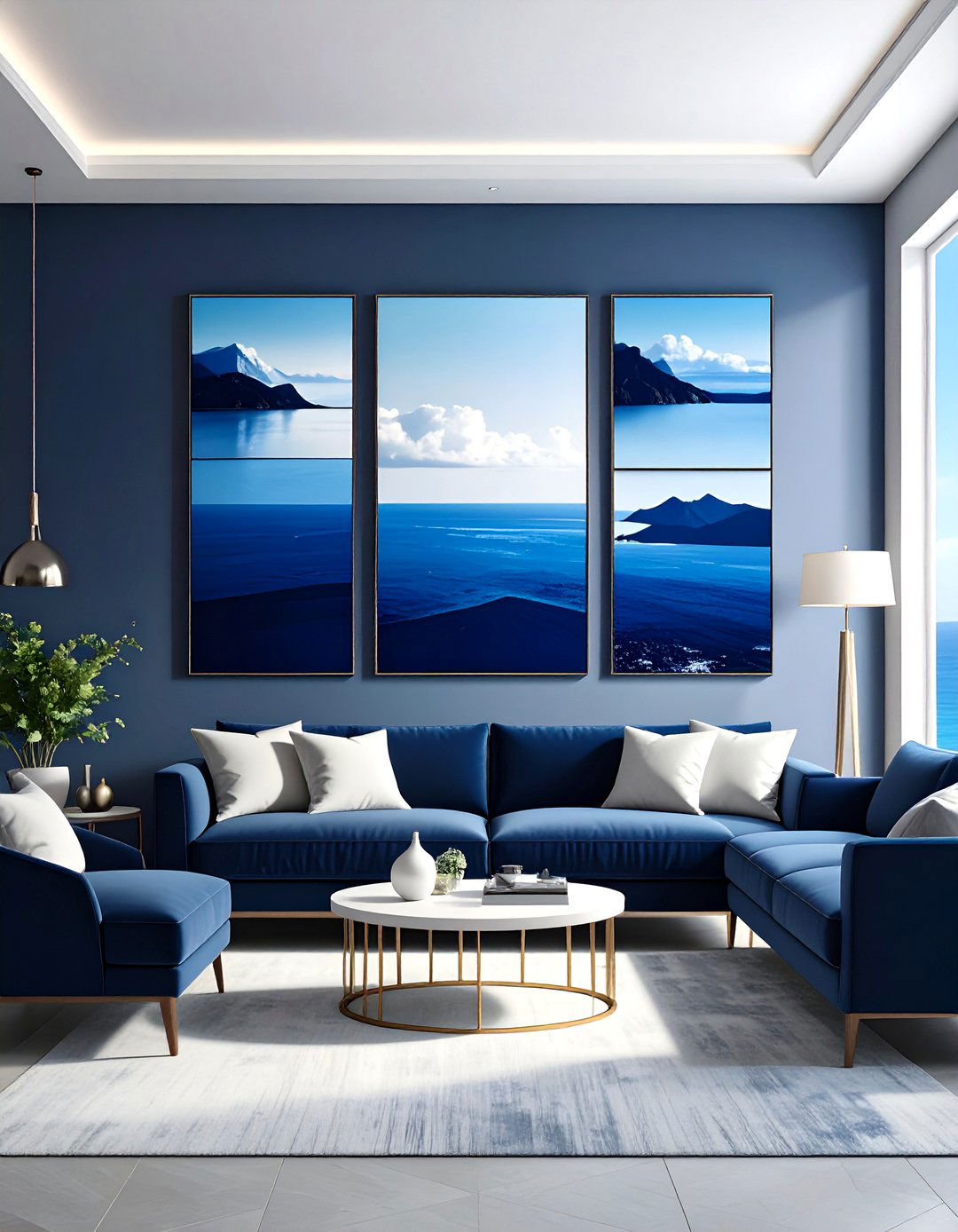 Navy Artwork Gallery on Dove Grey Walls - 25 navy blue and grey living room ideas
