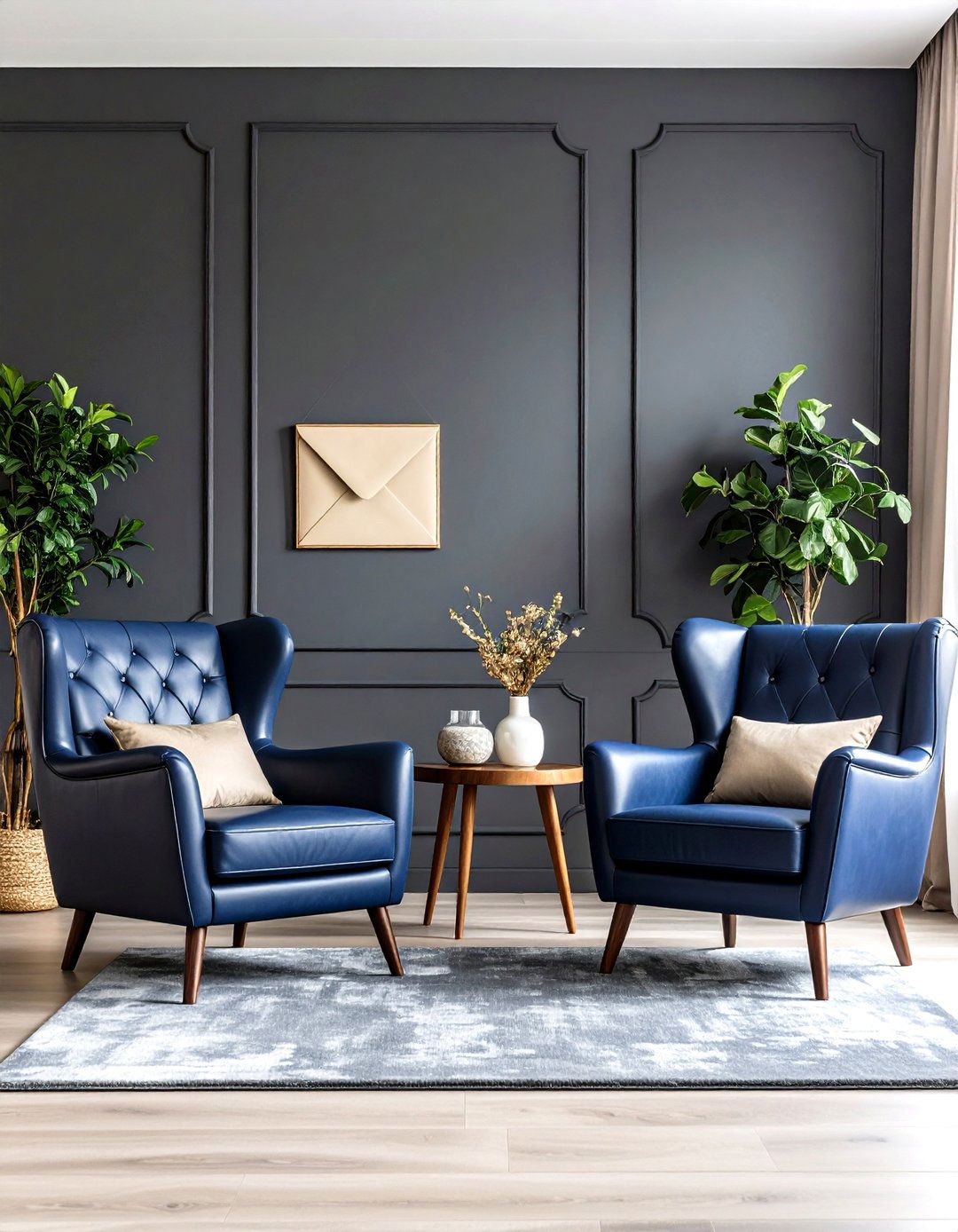 Navy Leather Armchairs in a Greige Envelope - 25 navy blue and grey living room ideas