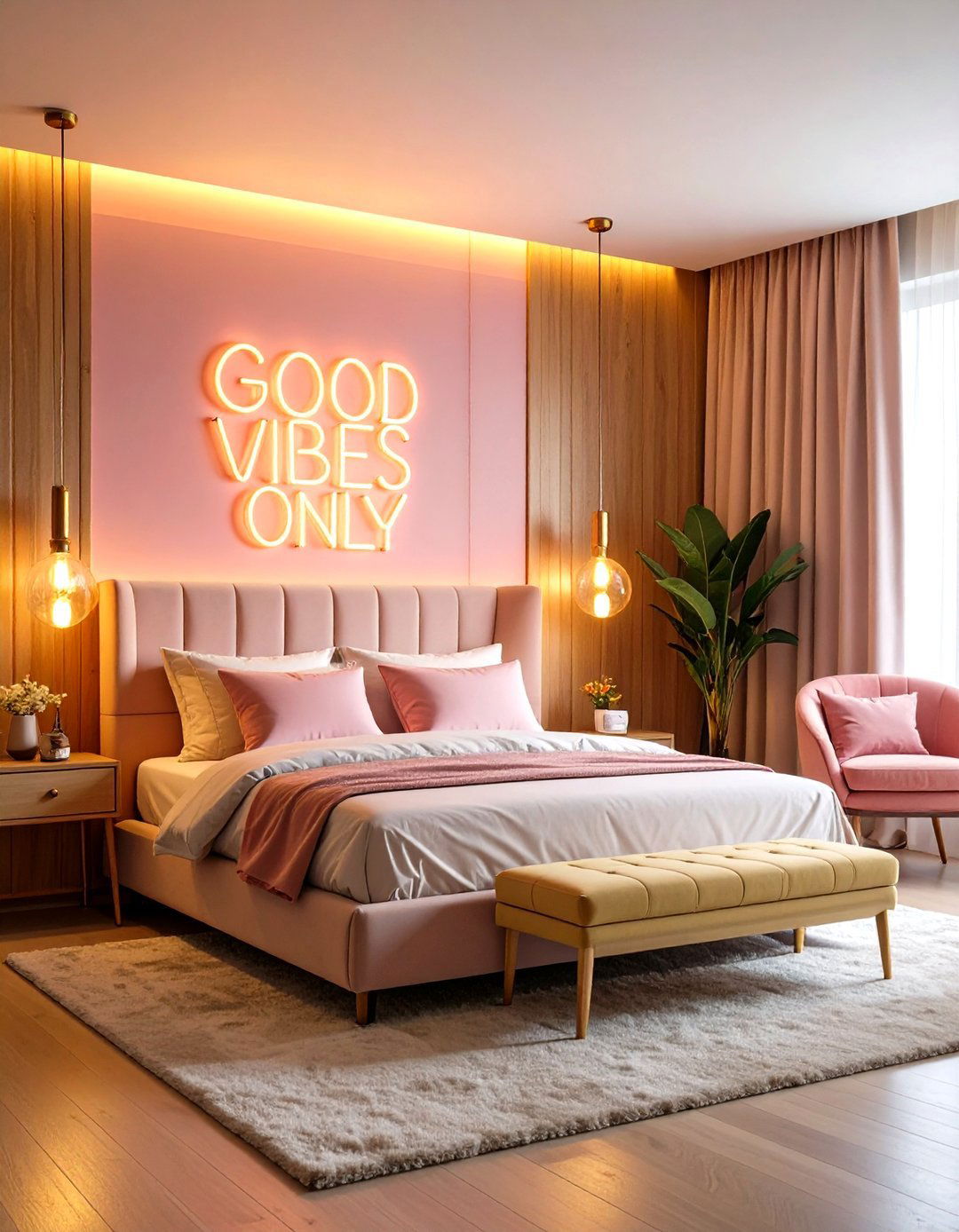 Neon or LED Sign for Playful Personality - 25 no headboard ideas