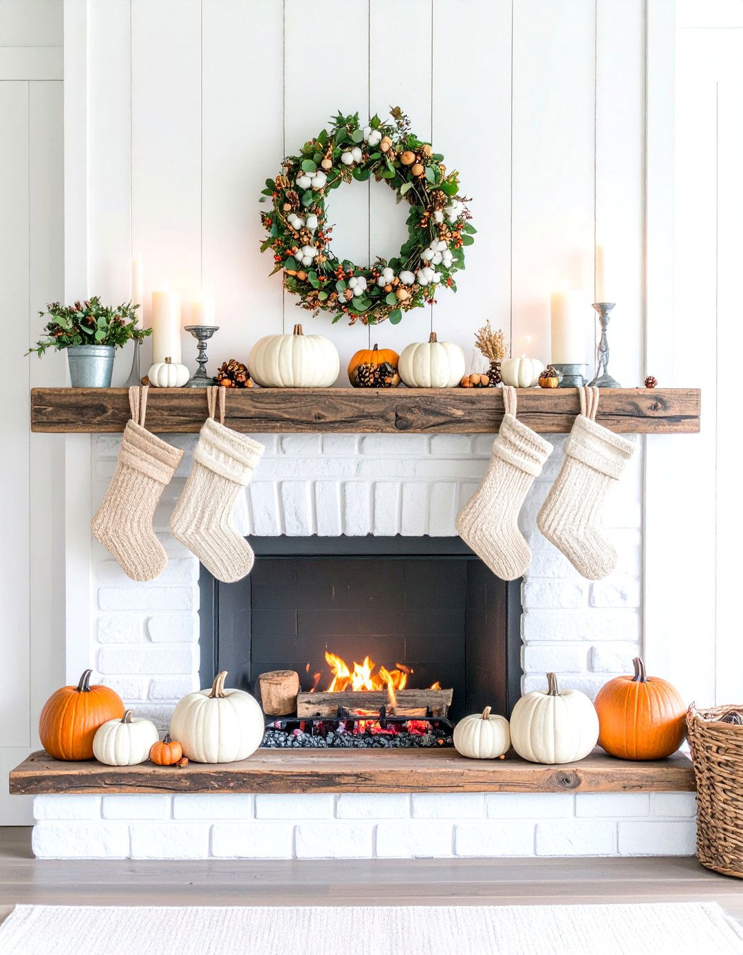 Neutral Farmhouse Mantel with White Gourds - 25 fall mantel decor ideas