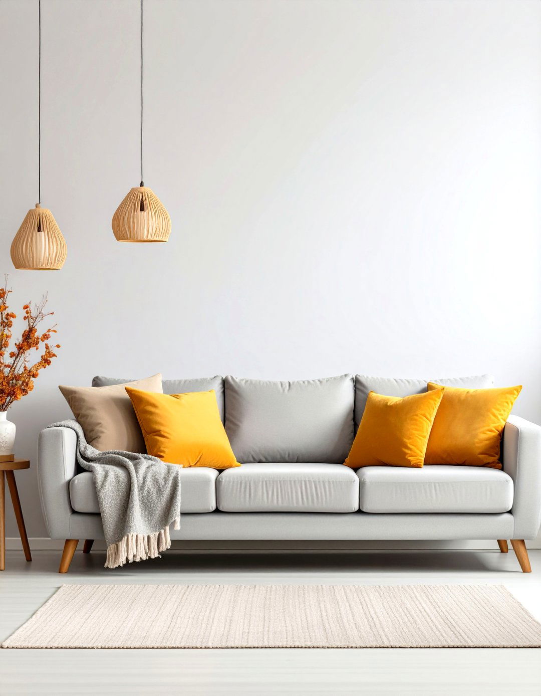 Nordic Minimalism with Pumpkin Pillows Against Whisper Grey - 25 orange and grey living room ideas