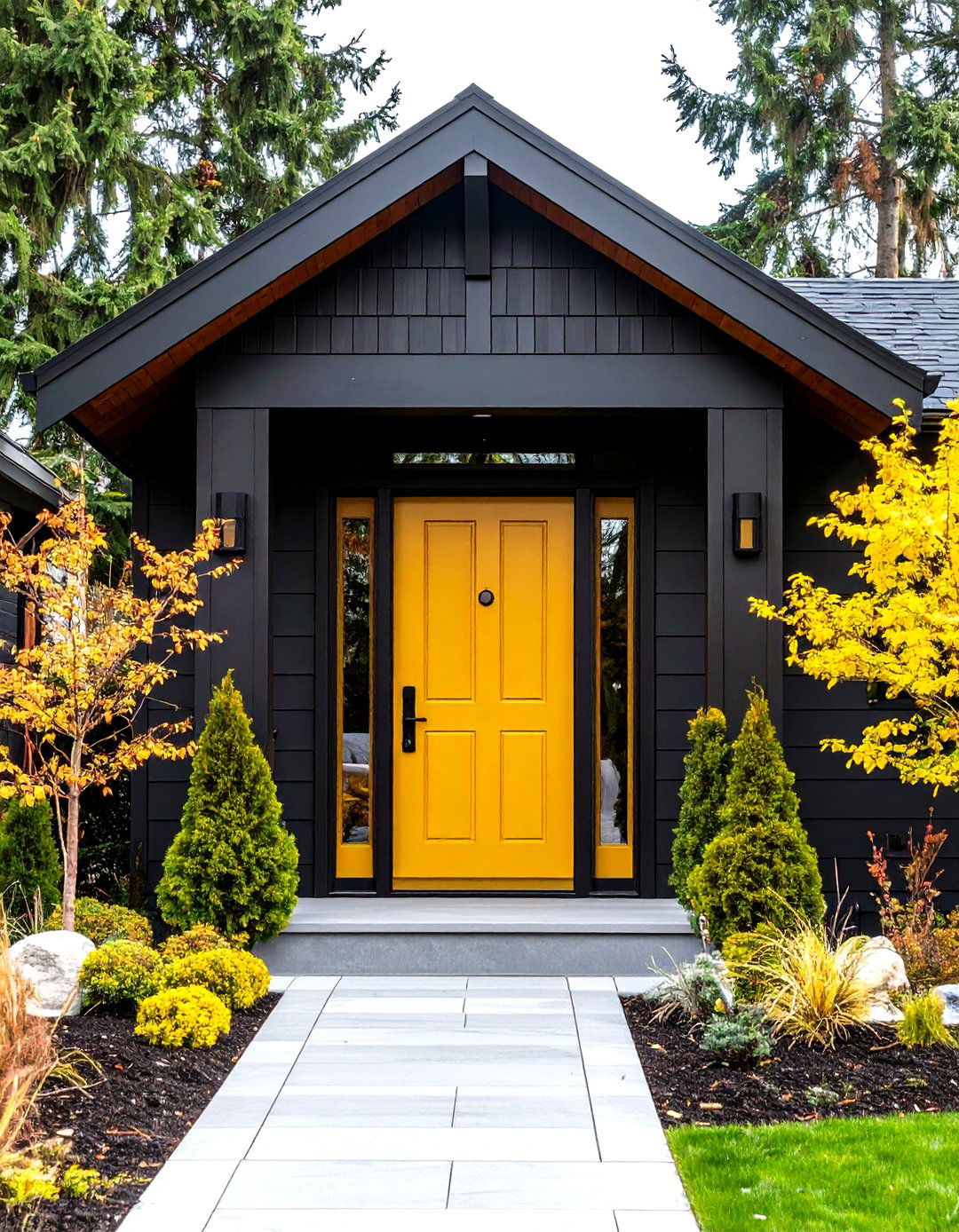 Nugget SW Mustard Gold Paint Color for Front Door Pop - 25 paint colors for a modern black house with cedar accents