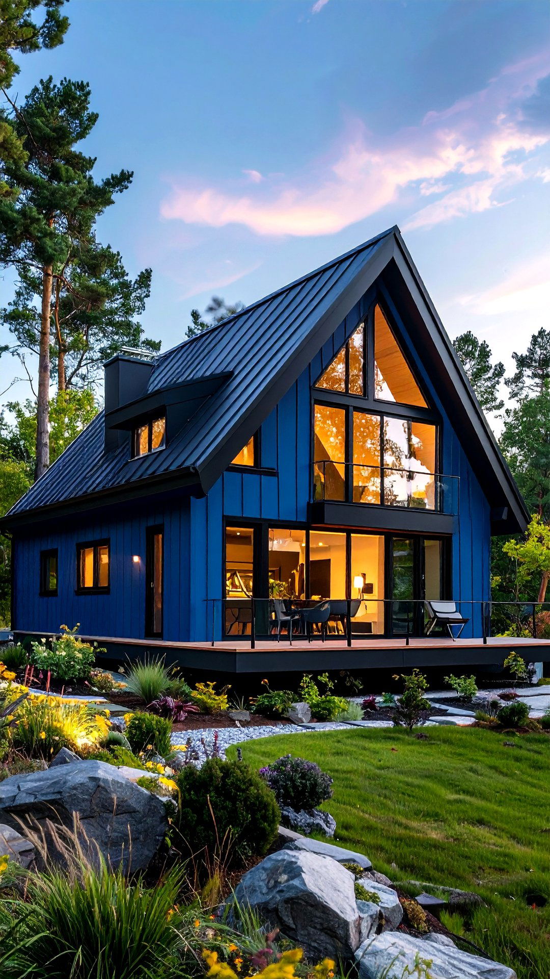 Ocean Blue A Frame House with Black Ridge Caps and Sills - 25 blue house with black trim ideas